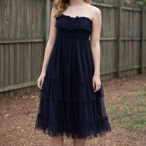 New Lulus Elegant Navy Strapless Tiered Flowy Dress